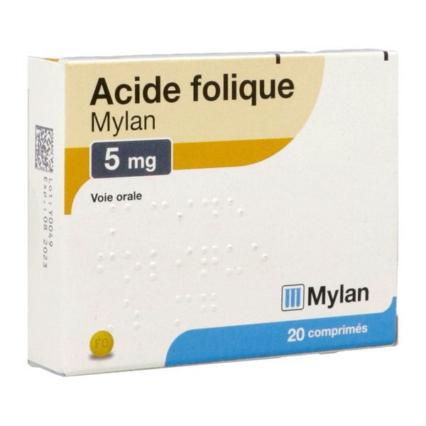 ACIDE FOLIQUE MYLAN Comprimé 5 mg, boîte 20