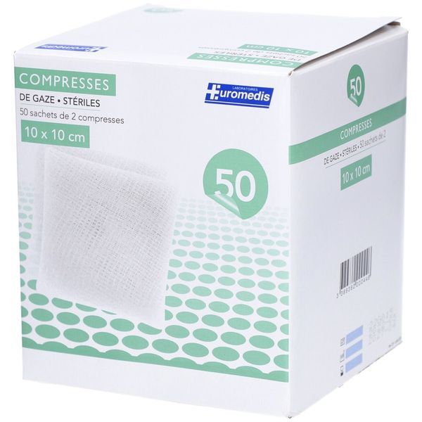 EUROMEDIS COMPRESSE Compresse de gaze hydrophile stérile, 10 cm x 10 cm, sachet de 2, 50 sachets, bt 100