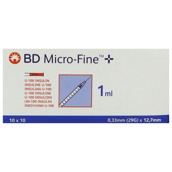 BD MICRO - FINE + Seringue 3 pièces à insuline de 1 ml, aiguille sertie Micro-fine +, 100 UI/ml, 0,33 mm x 12,7 mm, bt 100