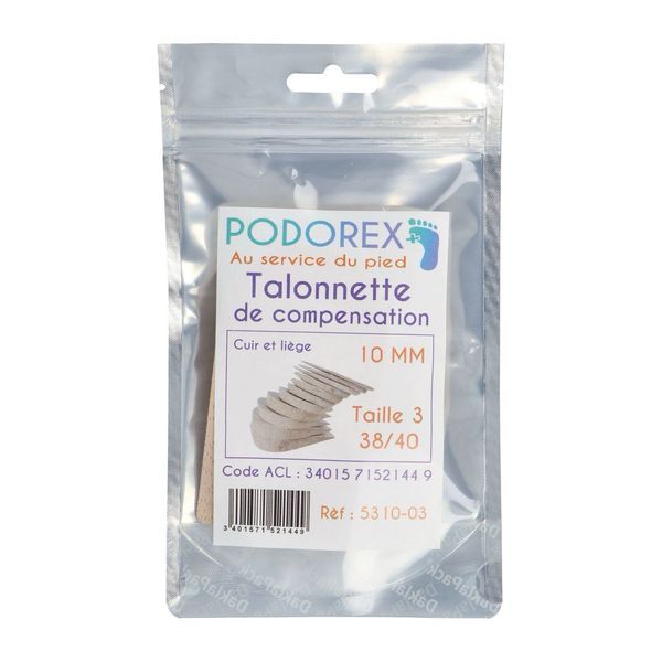 PODOREX TALONNETTE DE COMPENSATION Talonnette de compensation en liège caoutchouc résistant, 10 mm, taille 3, pointure 38 - 40, unité