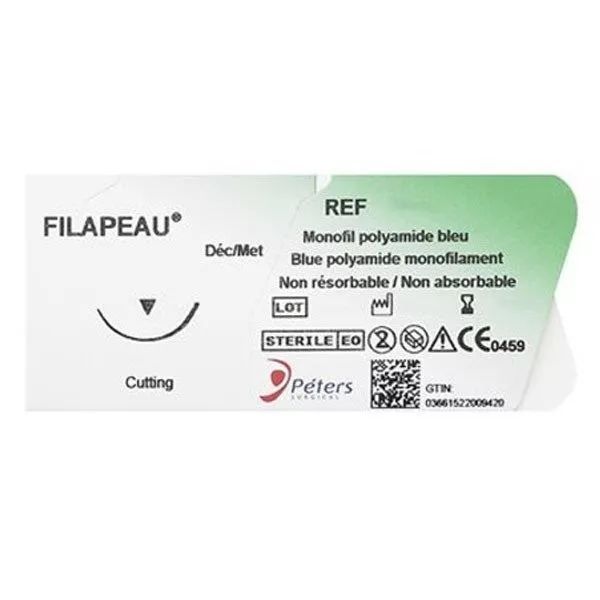 FILAPEAU Aiguillée sertie stérile, aiguille 3/8 de cercle, pointe triangulaire. n° 2, 3/0, aiguille