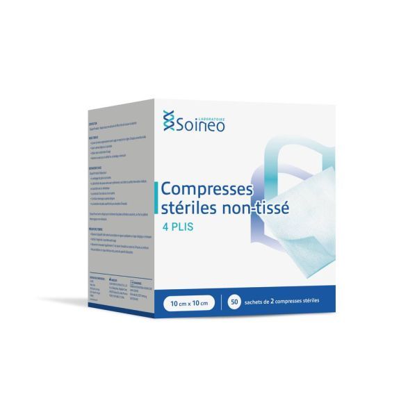 Soineo Compresses stériles Non tissées 4 plis 10 x 10 cm - 50 compresses