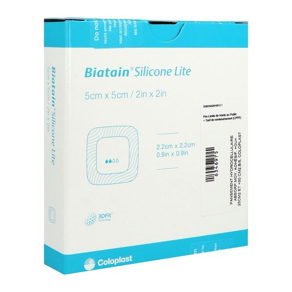 BIATAIN SILICONE LITE Pansement hydrocellulaire alvéolé, bord adhésif siliconé, fin, repositionnable, 5 cm x 5 cm (ref. 334520), bt 5