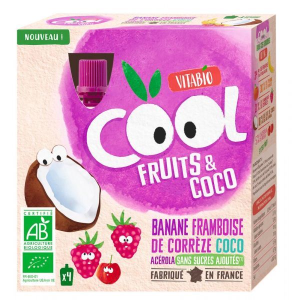 Vitabio Gourde Cool Fruits Banane Framboise lait de Coco Acérola BIO - 4 x 85 g