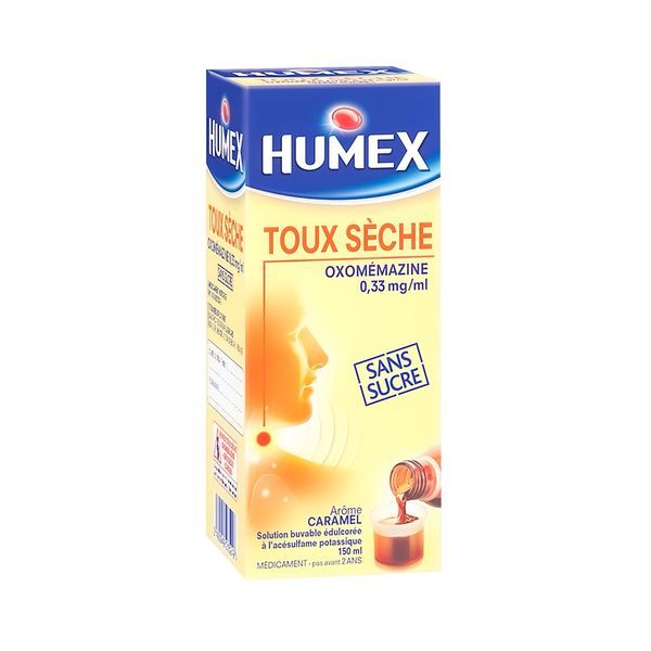 HUMEX TOUX SECHE OXOMEMAZINE SANS SUCRE Solution buvable édulcorée à l'acésulfame potassique 0,33 mg/ml, flacon 150 ml avec gobelet doseur