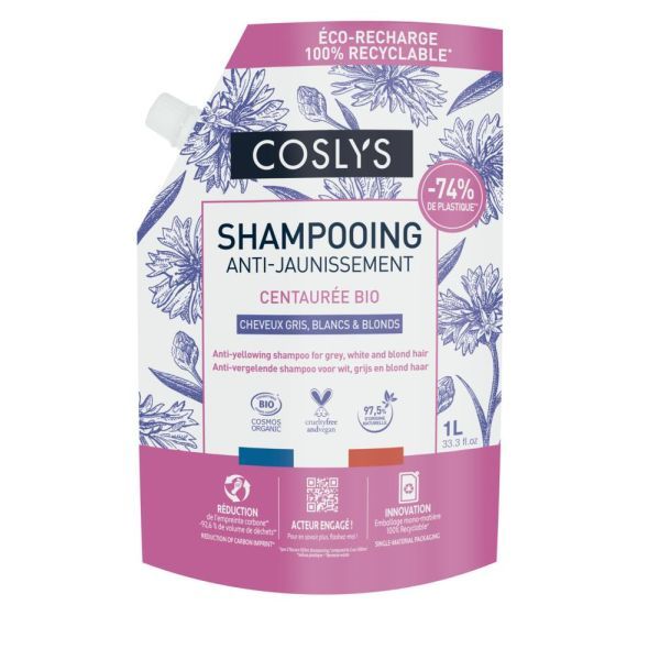 Coslys Doypack Shampoing anti-jaunissement, cheveux gris et blancs BIO - 1 L