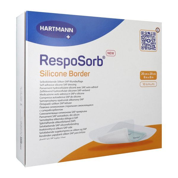 RESPOSORB SILICONE BORDER Pansement hydrocellulaire, interface siliconée et bords adhésifs, carré, 20 cm x 20 cm (ref. 413005), bt 10