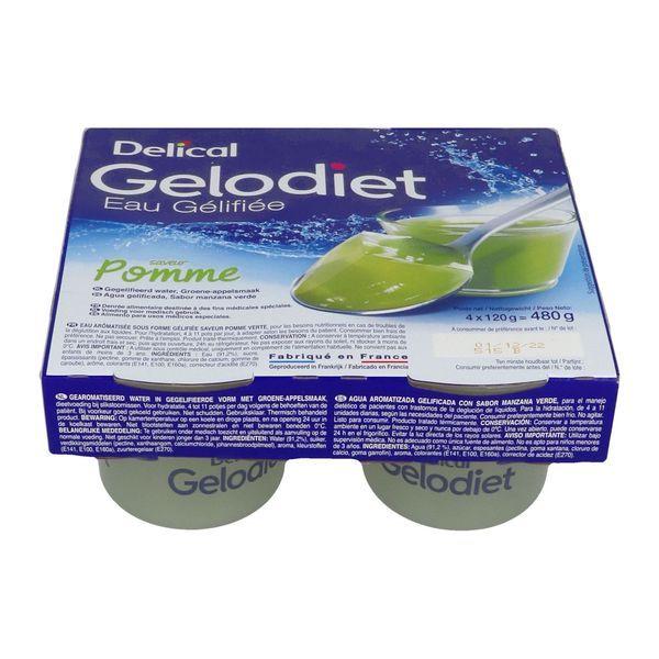 DELICAL GELODIET EAUX GELIFIEES Denrée alimentaire destinée à des fins médicales spéciales, saveur pomme verte, 120 g x 4