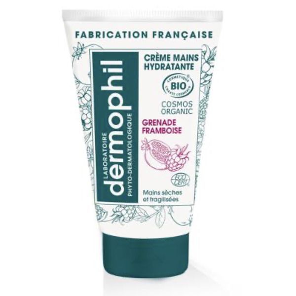 DERMOPHIL PHYTO DERMATOLOGIQUE CREME MAINS HYDRATANTE BIO Crème hydratante bio pour les mains, parfum grenade - framboise, tube 50 ml