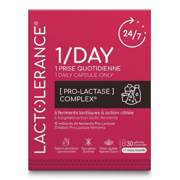 LACTOLERANCE 1 DAY Gélule, complément alimentaire à base de 6 ferments lactiques et vitamine C, bt 30